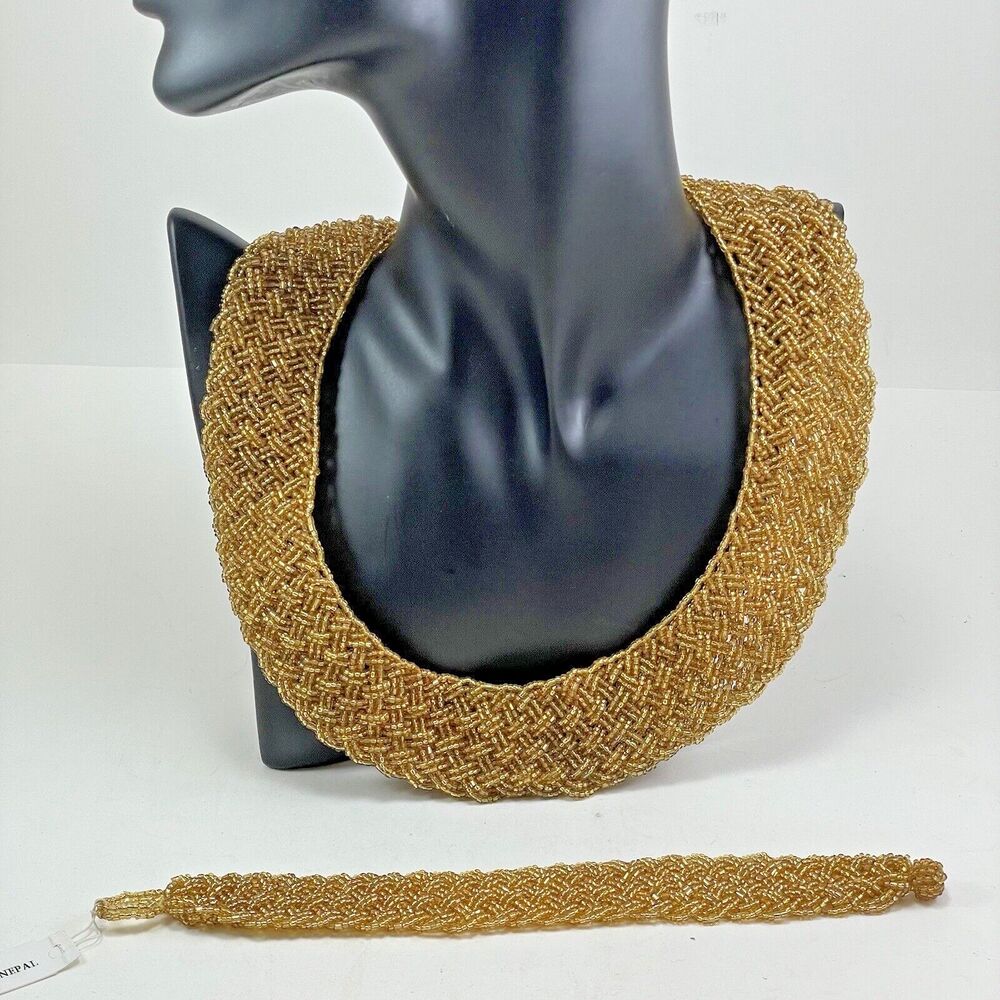 Andrew Stone Braided Bead Pote Collar Necklace/Bracelet Gold Tone 16 Inch Choker